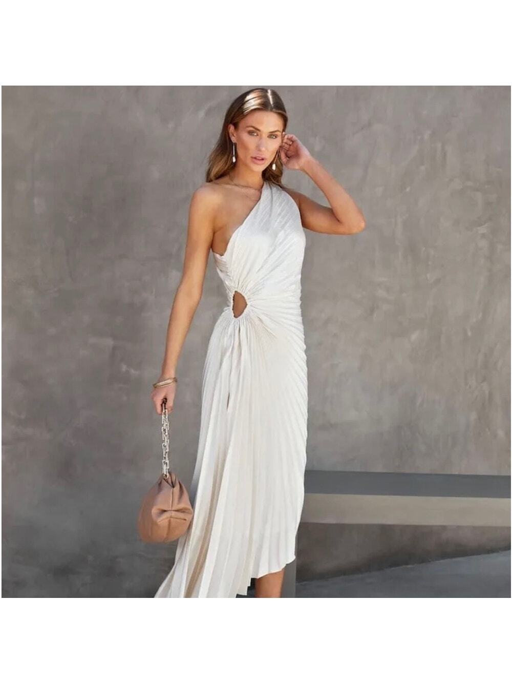 House of Harlow Dress Pleated Asymmetrical One Shoulder Glam Satin Cream Size S